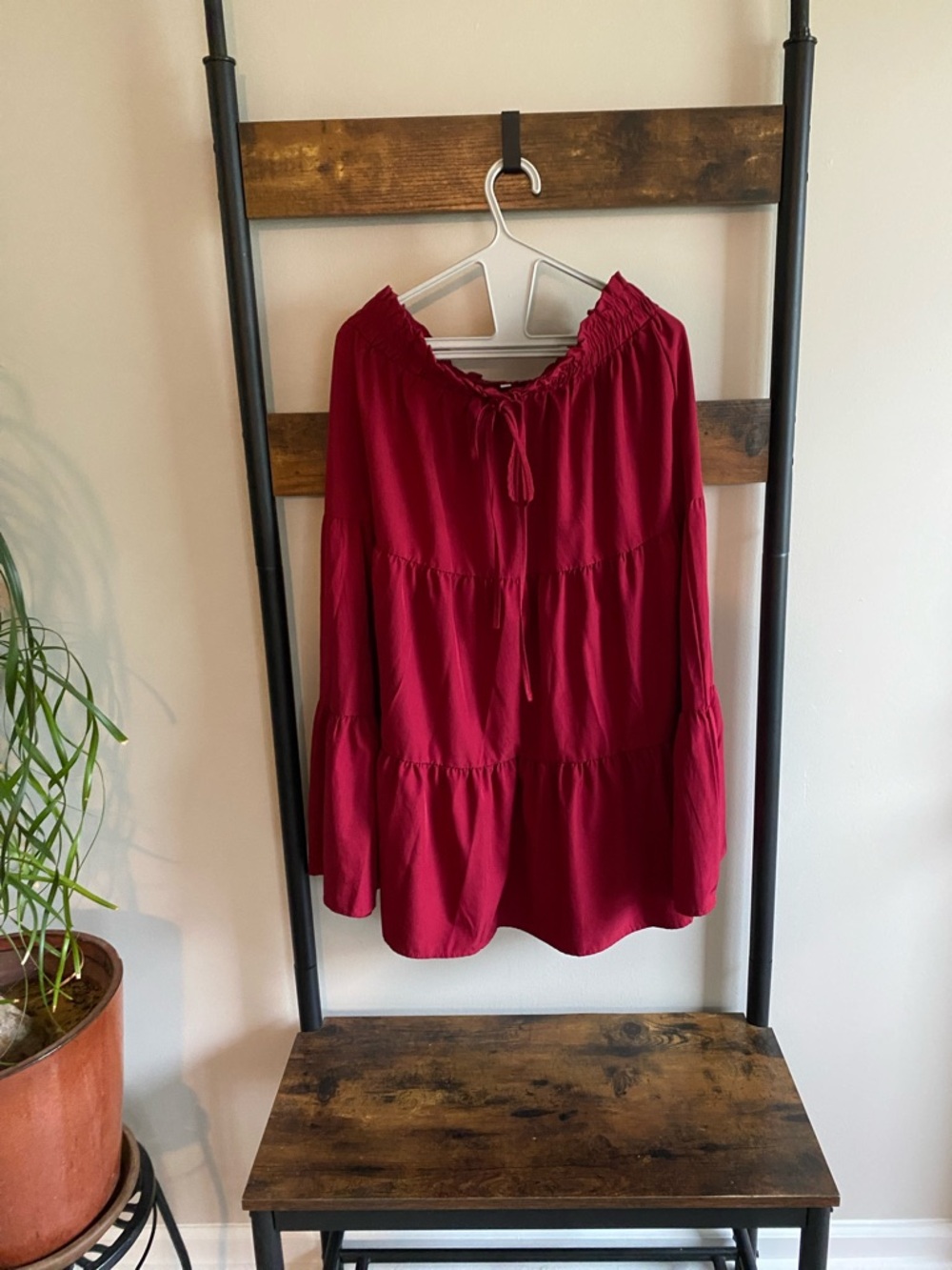 Red Tiered Peasant Blouse - Flowing Long Sleeve Top